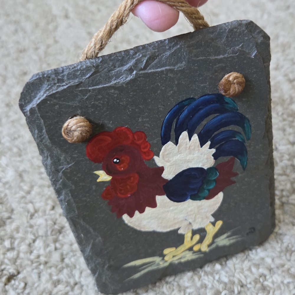 Red White Blue Colorful Hand Painted Rooster - Slate Wall Hanging Farm House